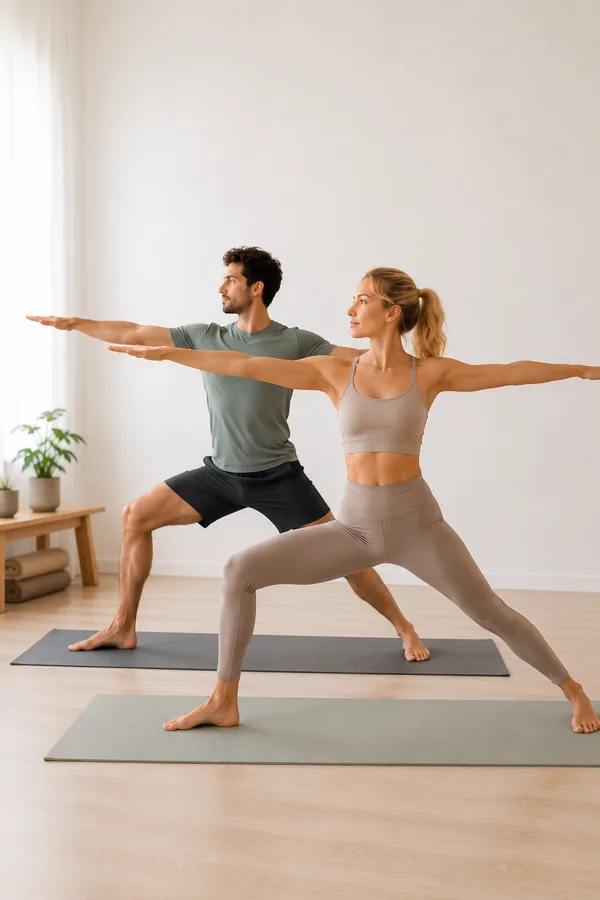 Due allievi nella posizione del guerriero, con le braccia distese, durante una lezione di yoga